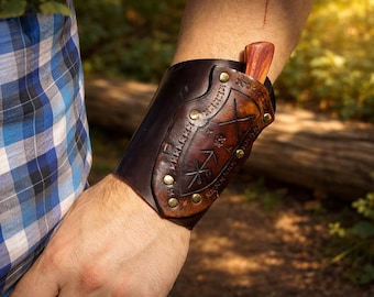 Custom Leather Wrist Cuff with Knife – Personalized Bracers, Medieval Accessories