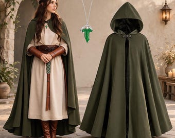 Women’s Renaissance Cloak - Medieval Costume with hood and Leaf Necklace, Halloween Cosplay