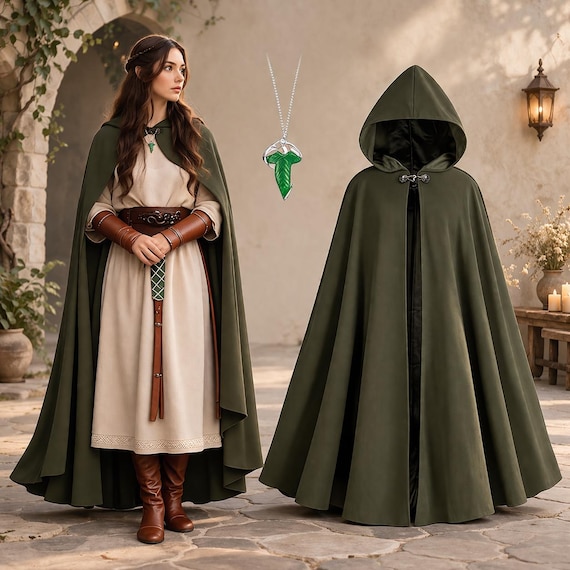 Women’s Renaissance Cloak - Medieval Costume with hood and Leaf Necklace, Halloween Cosplay