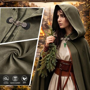 Women’s Renaissance Cloak - Medieval Costume with hood and Leaf Necklace, Halloween Cosplay image 4