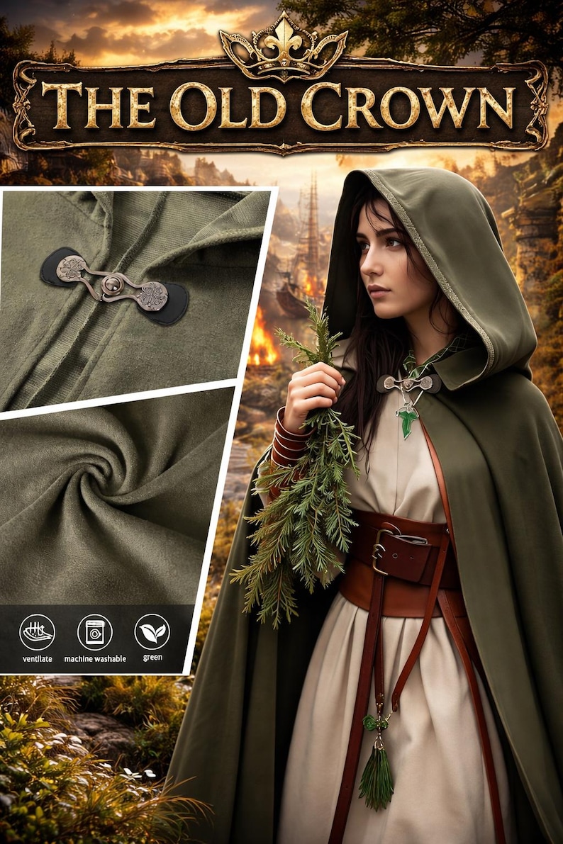 Women’s Renaissance Cloak - Medieval Costume with hood and Leaf Necklace, Halloween Cosplay image 4