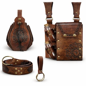 May include: A collection of brown leather accessories, including a pouch with a tree of life design, a belt with Celtic knotwork, a key ring, and a shoulder bag with two glass vials. The items are adorned with brass hardware.