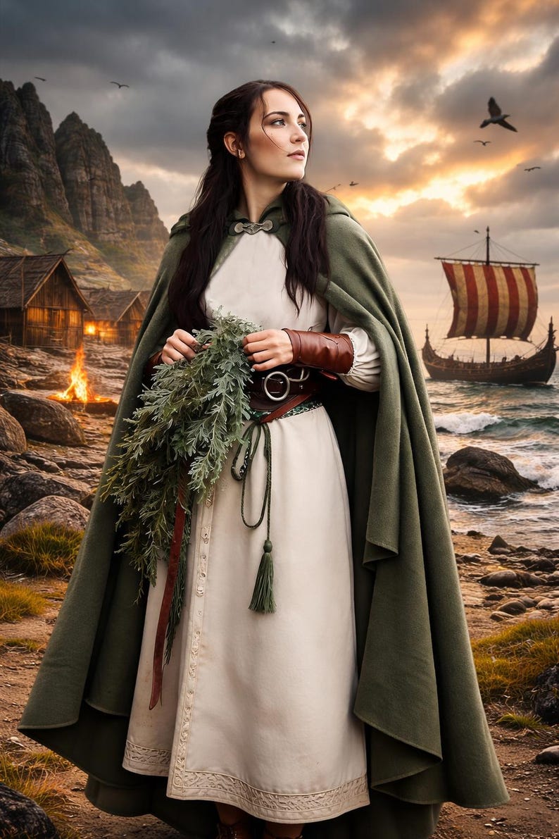 May include: A woman in a white dress and green cloak holds a bundle of greenery. She wears a brown belt and leather arm cuffs. A Viking ship sails on the sea in the background, with a village and mountains in the distance.