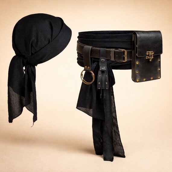 Renaissance Costume Set – Head Scarf Bandana, Waist Sash Belt, Medieval Leather Pouch Pirate Accessories