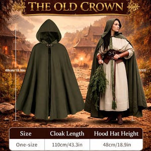 May include: An olive green hooded cloak with a clasp closure, displayed with a person wearing the cloak. The cloak is 43.3 inches long and has a hood height of 18.9 inches. The text "THE OLD CROWN" is at the top of the image.