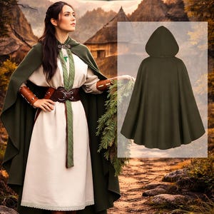 Women’s Renaissance Cloak - Medieval Costume with hood and Leaf Necklace, Halloween Cosplay image 5