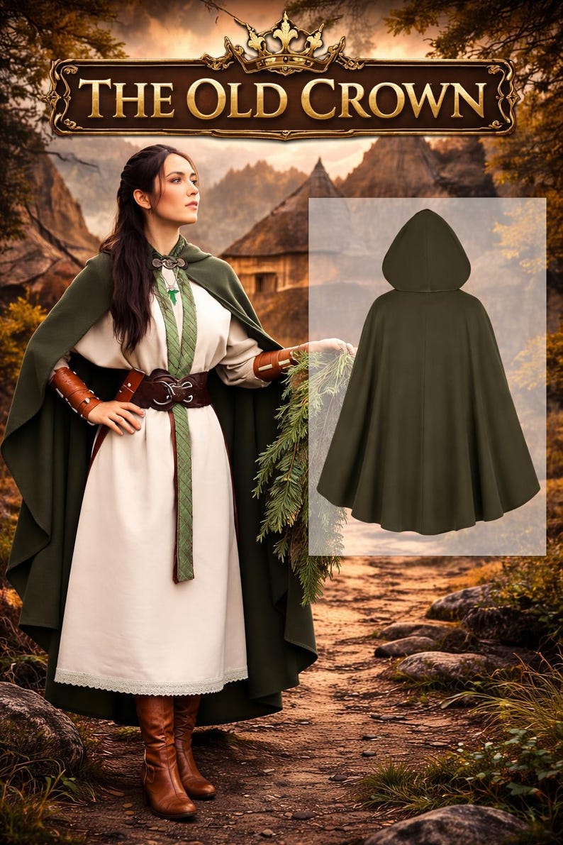 Women’s Renaissance Cloak - Medieval Costume with hood and Leaf Necklace, Halloween Cosplay image 5