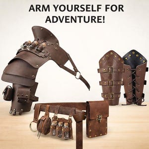 May include: Brown leather steampunk-style armor set with the text "ARM YOURSELF FOR ADVENTURE!". The set includes a shoulder piece with vials, arm guards, and a belt with pouches and bottles. The armor is detailed with buckles and rivets.