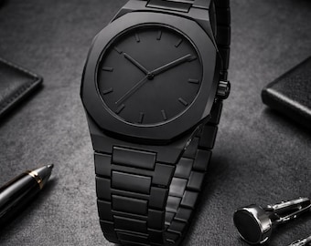 Reloj minimalista negro mate para hombre y mujer: reloj de diseño moderno, brazalete de acero, regalo elegante, reloj de lujo discreto.