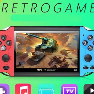 May include: A handheld retro game console with a screen displaying a tank battle scene. The console has red and blue sides with control buttons and the word "RETROGAME" at the top.