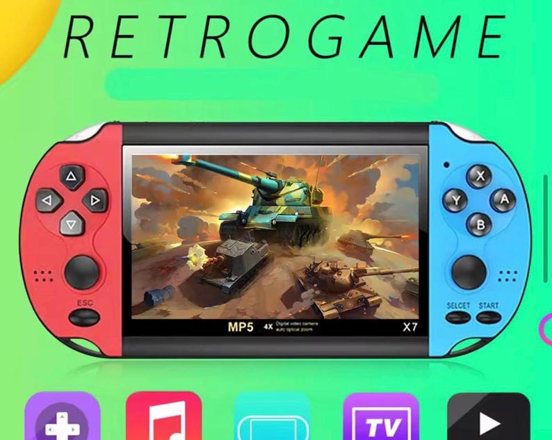 May include: A handheld retro game console with a screen displaying a tank battle scene. The console has red and blue sides with control buttons and the word "RETROGAME" at the top.
