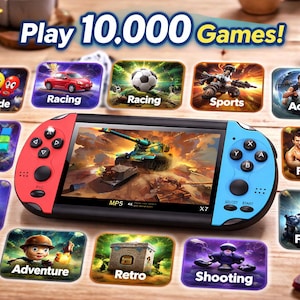 May include: A handheld gaming console with a black screen and red and blue controllers. The screen displays a tank battle scene. The image is surrounded by game icons labeled "Arcade", "Racing", "Sports", "Action", "Puzzle", "Adventure", "Retro", "Shooting", and "Fighting". The text "Play 10,000 Games!" is at the top.