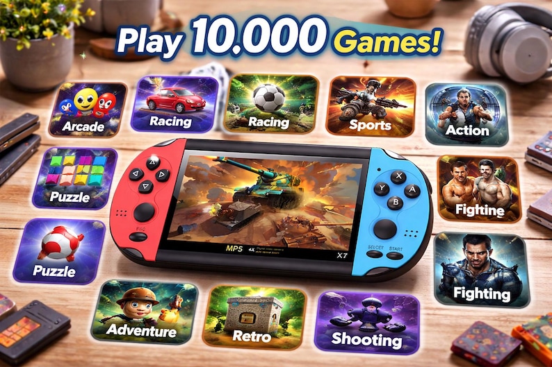May include: A handheld gaming console with a black screen and red and blue controllers. The screen displays a tank battle scene. The image is surrounded by game icons labeled "Arcade", "Racing", "Sports", "Action", "Puzzle", "Adventure", "Retro", "Shooting", and "Fighting". The text "Play 10,000 Games!" is at the top.