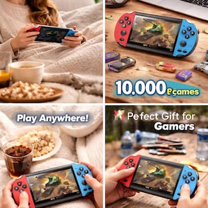 May include: A handheld gaming console with red and blue controllers. The screen displays a video game scene. The image includes the text "Play Anywhere!" and "Perfect Gift for Gamers".