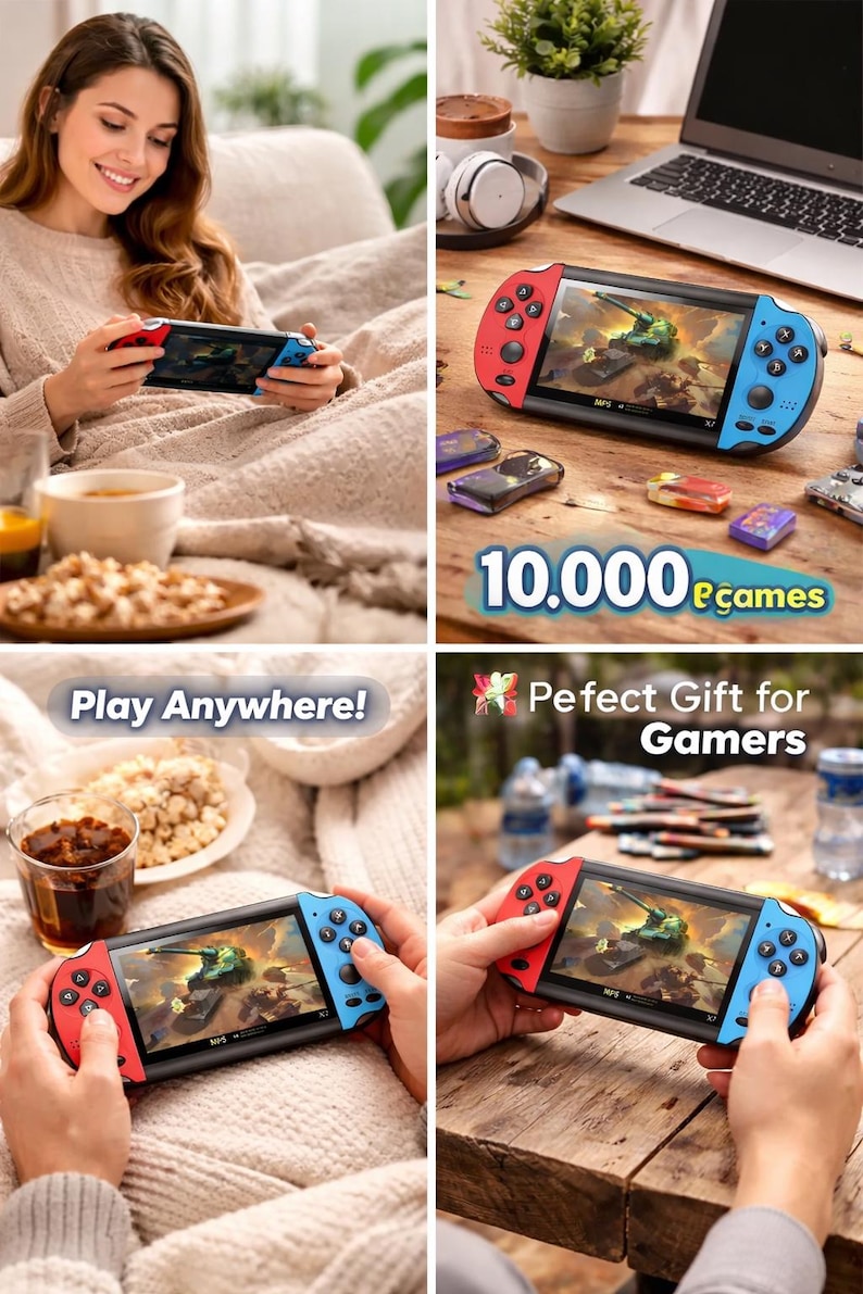 May include: A handheld gaming console with red and blue controllers. The screen displays a video game scene. The image includes the text "Play Anywhere!" and "Perfect Gift for Gamers".