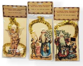 CHOICE Victorian style tinsel ornaments turn of the century design Christmas tree ornament, paper & gold tinsel NOS,  1980 reproductions