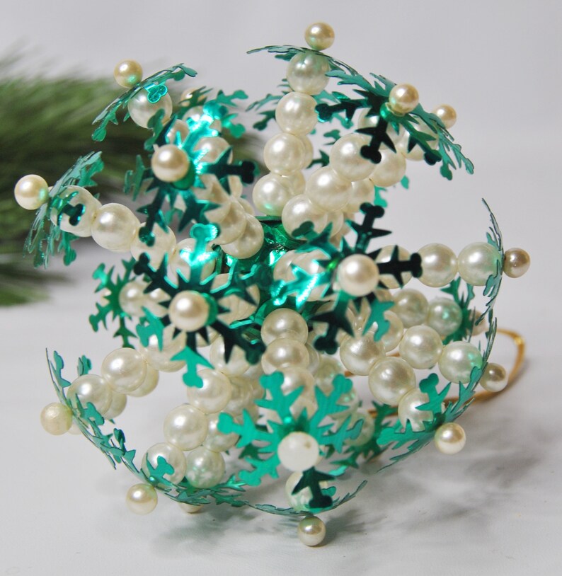 Beaded sequin jeweled pin Christmas tree ornament handmade Christmas burst ornament in turquoise and pearl
