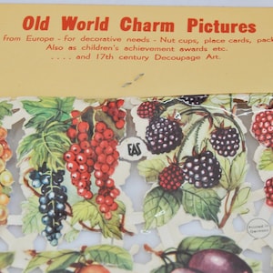 May include: Vintage "Old World Charm Pictures" featuring cut-out fruit illustrations. The images include grapes, berries, and other fruits with green leaves. The packaging includes text that reads "Imported from Europe" and "17th century Decoupage Art."