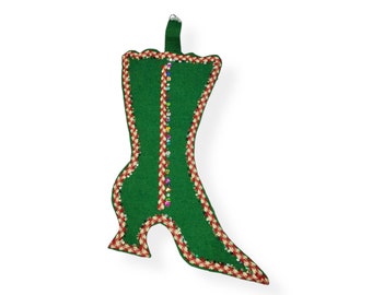 Felt Christmas Stocking, green shaped like a woman's boot, has sequins and red, white and gold metallic trim, handmade from the 1950s