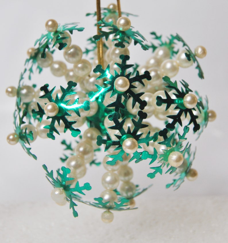 Beaded sequin jeweled pin Christmas tree ornament handmade Christmas burst ornament in turquoise and pearl