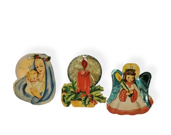 Choice of Vintage Brilliants Die Cut Double Side Foil Christmas Card Ornament, Choose from Madonna, Angel or Candle, Price is for one card