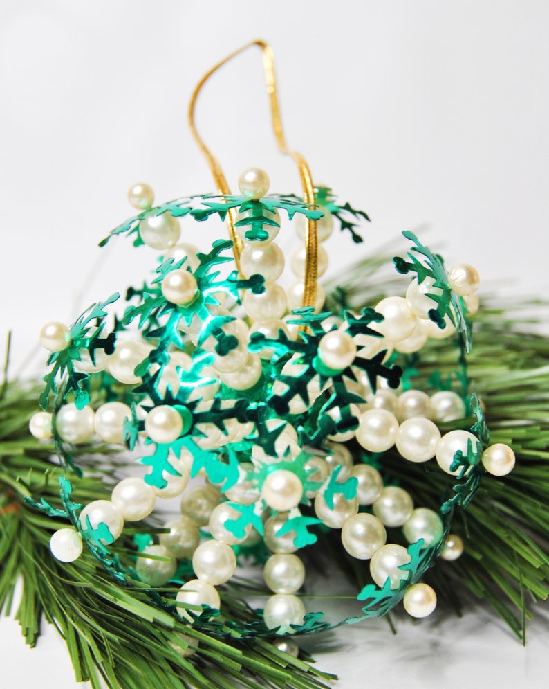 Beaded sequin jeweled pin Christmas tree ornament handmade Christmas burst ornament in turquoise and pearl