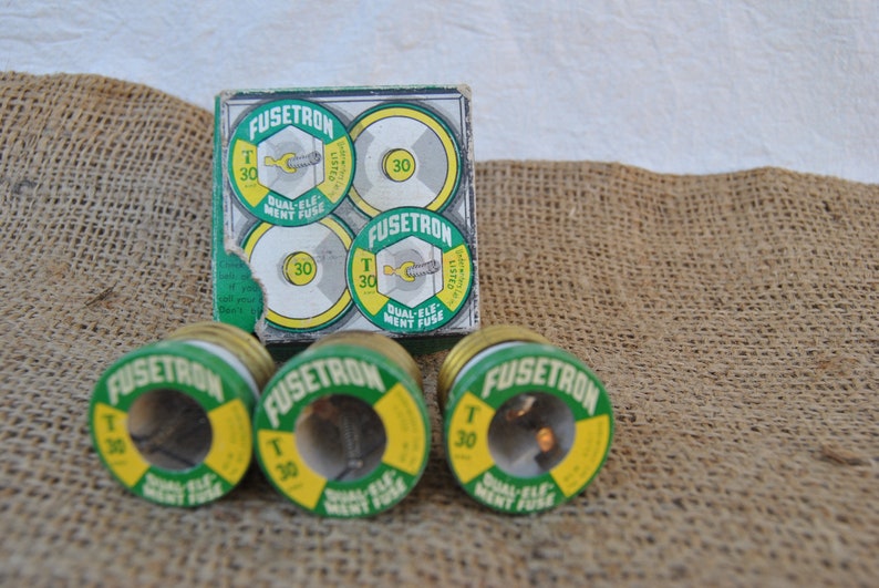 Fusetron T30 dual element fuses with box set of 3 industrial decor old 15 amp fuses for circuit protection in old houses Bussman Mfg