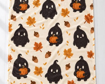 Autumn Krobus Blanket, Stardew Valley Inspired Throw, Pumpkin & Leaves Design, Cosy Gamer Gift