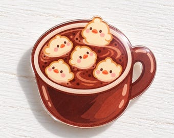 Kawaii Chick Hot Chocolate Acrylic Pin, Original Artwork, Glossy Finish