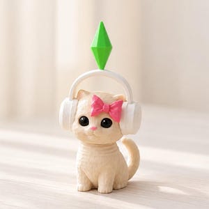 May include: A small beige cat figurine with large black eyes and a pink bow on its head. The cat wears white over-ear headphones topped with a bright green diamond-shaped plumbob icon. The figure has a textured surface and a curled tail.