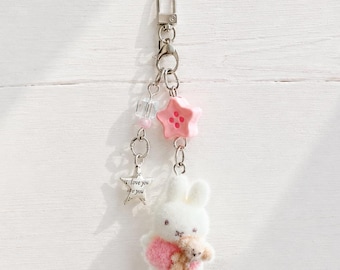 Bunny Keychain, Fluffy Bunny Bag Charm with Pink Star & Beads