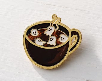Ghost Hot Chocolate Enamel Pin, Spooky Coffee Cup Badge, Halloween Autumn Accessory, Halloween