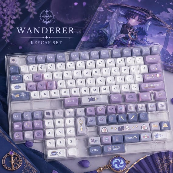 Genshin Impact Wanderer Keycap Set – Purple MOA Profile PBT Keycaps, Cute Cat Anime Keyboard Caps, MX Switch Mechanical Keyboard Keycaps