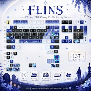 May include: A blue and white 137-key PBT Cherry Profile keycap set. The keycaps feature a stylized design with various icons and text. The set is designed for adventurers and built for victory.