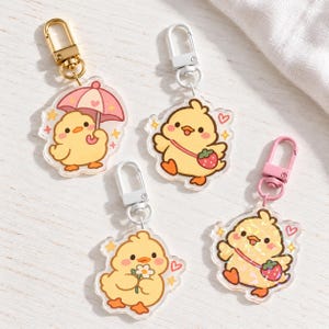 Kawaii Chick Acrylic Keychain, Holographic Bag Charm (Umbrella, Strawberry, Flower)