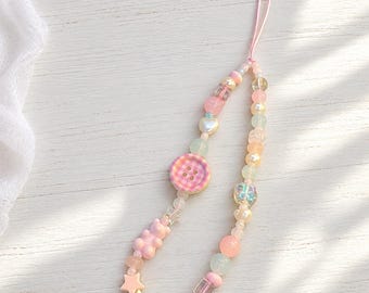 Pink Beaded Phone Charm with Gingham Button, Bear & Stars – Pastel Phone Strap, 15cm