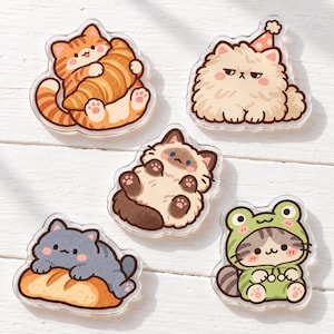 May include: Five acrylic pins featuring illustrated cats: an orange tabby with a croissant, a fluffy cream cat with a party hat, a brown and cream colour-point cat, a grey cat on a loaf of bread, and a tabby cat wearing a green frog costume.