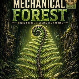 May include: A digital art illustration of a coloring book cover titled "The Mechanical Forest." The image features a large, glowing fern with mechanical details, set in a forest with industrial elements. The text reads "Where Nature Reclaims the Machine."