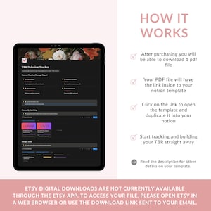 May include: A digital tablet displays a TBR Delusion Tracker Notion template with a floral header. Text on the right explains the process: purchase to download a PDF, access the link, duplicate the template, and begin tracking. A footer note explains download steps.