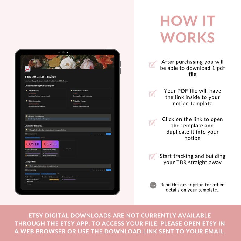 May include: A digital tablet displays a TBR Delusion Tracker Notion template with a floral header. Text on the right explains the process: purchase to download a PDF, access the link, duplicate the template, and begin tracking. A footer note explains download steps.