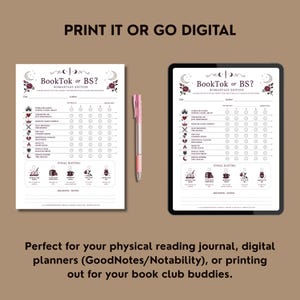 May include: A white paper reading journal and a tablet displaying the same design, with the text "BookTok or BS?" and rating categories. A pink pen rests beside the paper. The journal is for rating romantasy books.