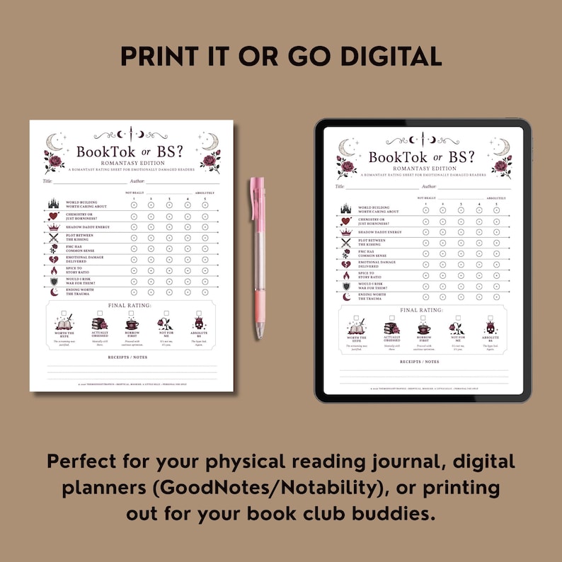 May include: A white paper reading journal and a tablet displaying the same design, with the text "BookTok or BS?" and rating categories. A pink pen rests beside the paper. The journal is for rating romantasy books.