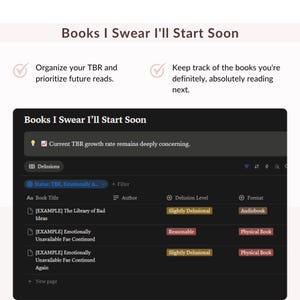 Notion Reading Tracker | TBR Delusion Tracker for BookTok Readers, Chronic TBR Collectors | Book Journal & Reading Dashboard Template image 6