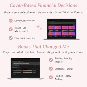 May include: A digital interface display featuring Cover-Based Financial Decisions with a visual library, Cover Gallery View, Visual TBR Management, and Easy Book Browsing. Below, Books That Changed Me includes a Finished Reading Tracker, Emotional Ratings, and a Reading History Archive.