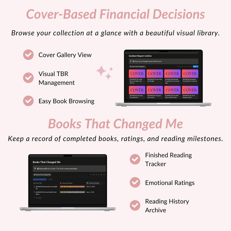 May include: A digital interface display featuring Cover-Based Financial Decisions with a visual library, Cover Gallery View, Visual TBR Management, and Easy Book Browsing. Below, Books That Changed Me includes a Finished Reading Tracker, Emotional Ratings, and a Reading History Archive.