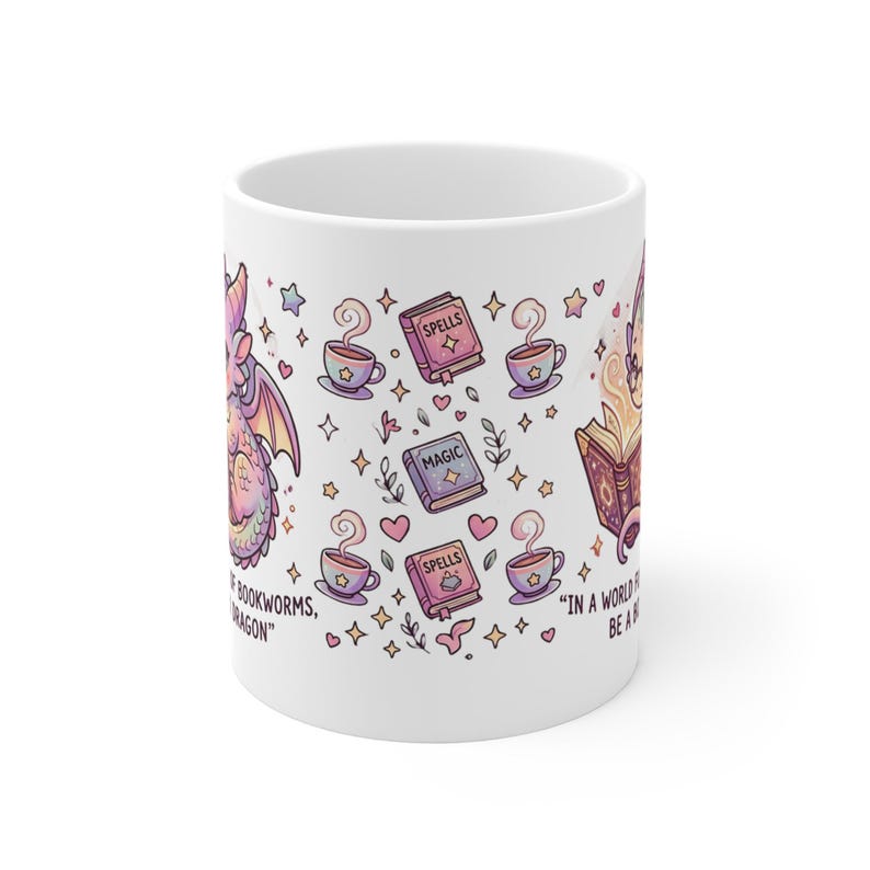 Kawaii Book Dragon Mug | Fantasy Reader Coffee Cup, Cozy Bookish Gift ...