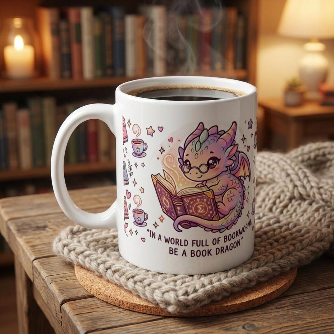 Kawaii Book Dragon Mug | Fantasy Reader Coffee Cup, Cozy Bookish Gift ...