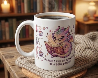 Kawaii Book Dragon Mug | Fantasy Reader Coffee Cup, Cozy Bookish Gift