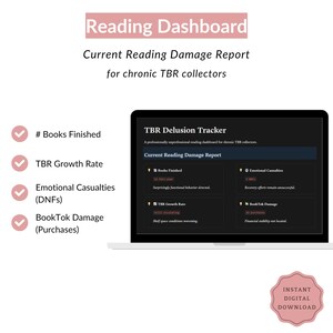 May include: A digital reading dashboard displayed on a laptop screen titled TBR Delusion Tracker. The interface includes sections for Books Finished, Emotional Casualties, TBR Growth Rate, and BookTok Damage, with pink checkmark icons and text.