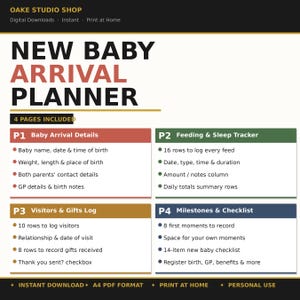 May include: A digital baby arrival planner with the text "NEW BABY ARRIVAL PLANNER". The planner includes sections for baby details, feeding and sleep tracking, visitors and gifts, and milestones. The planner is available as an instant download.